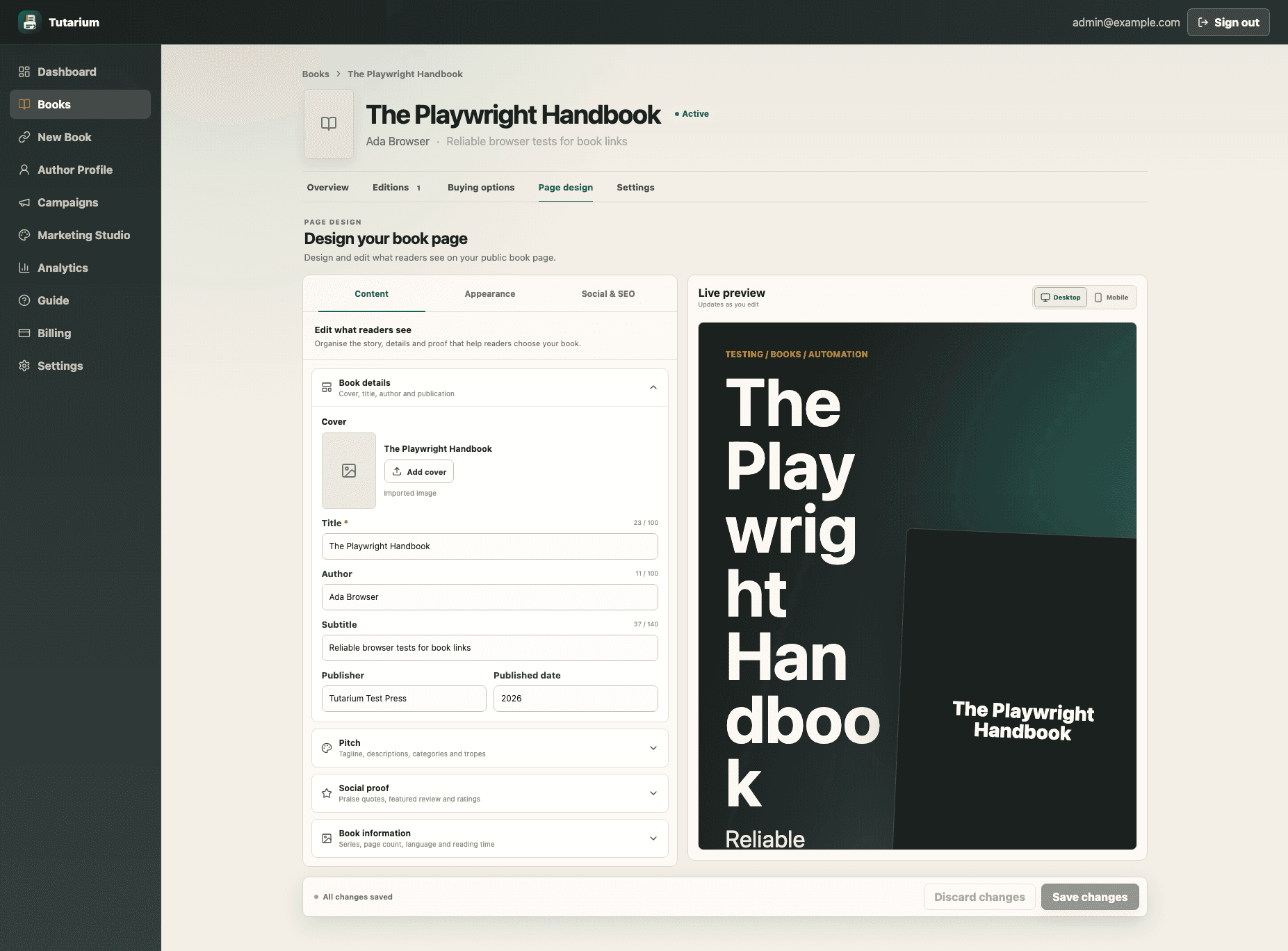 Tutarium book editor with grouped content fields and a live reader-facing preview.