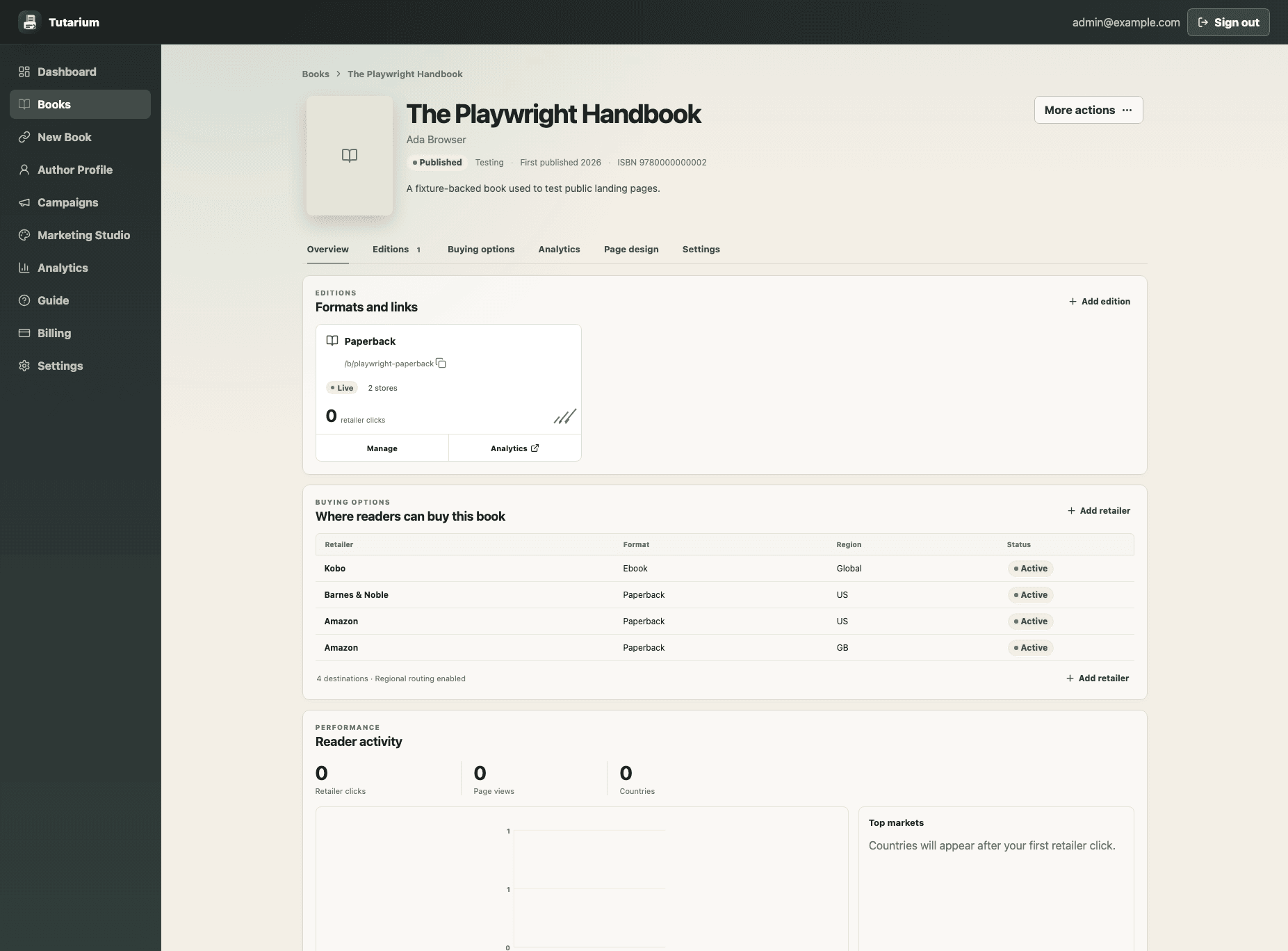 Tutarium book workspace showing the public URL, editions, buying options, reader activity, and page design actions.