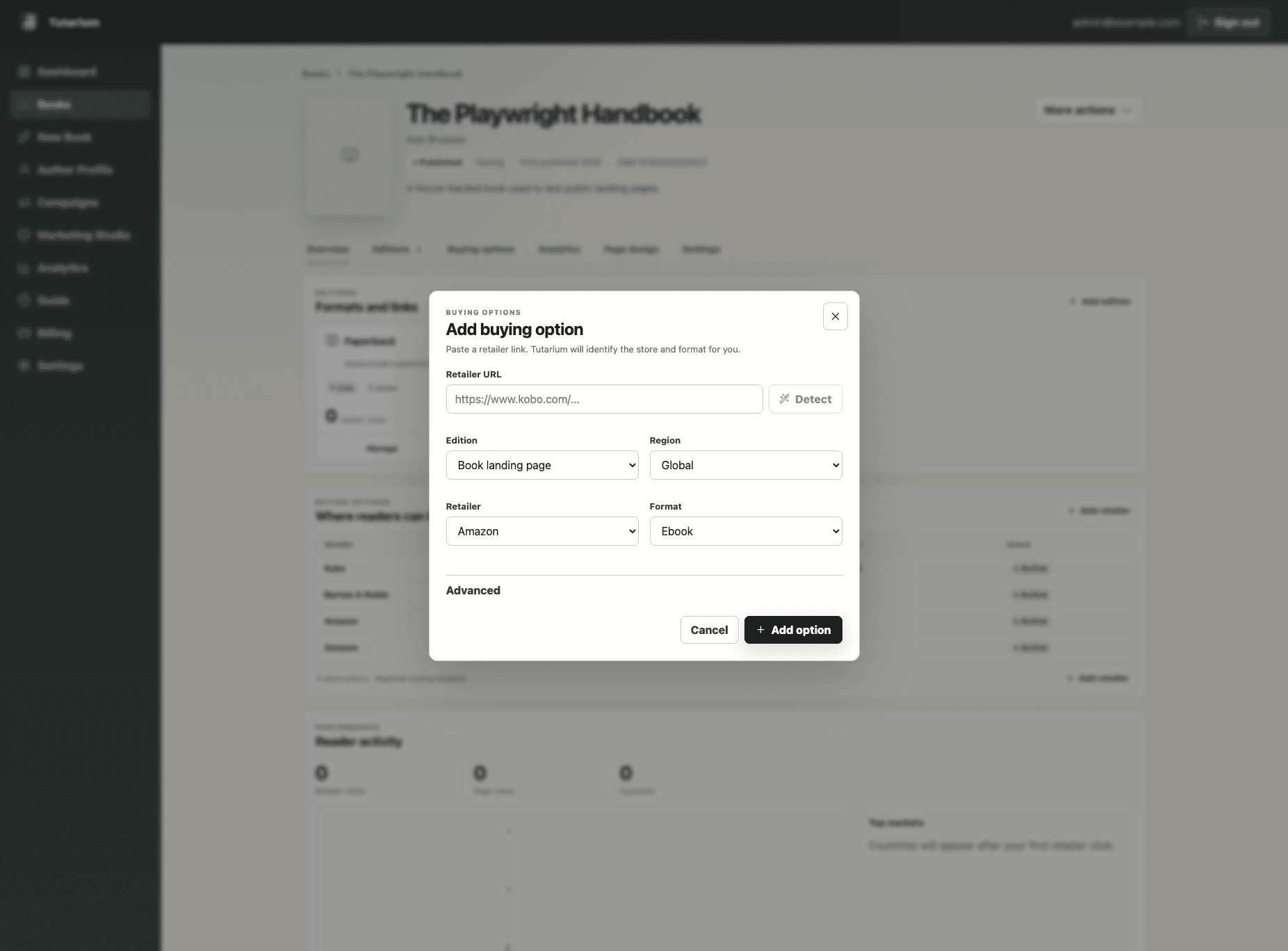 Tutarium Add buying option dialog with retailer URL detection and edition, region, retailer, and format controls.