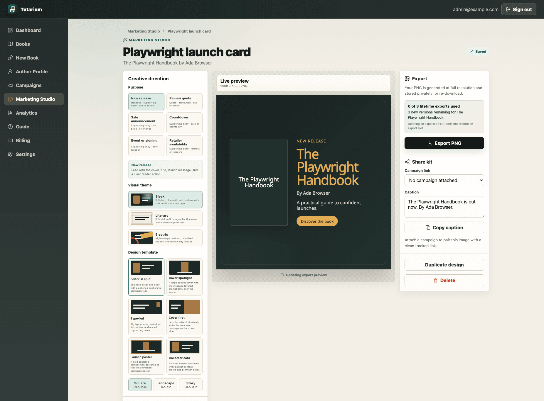 Tutarium Marketing Studio editor showing campaign purpose, templates, live book graphic preview, export allowance, caption, and campaign link tools.