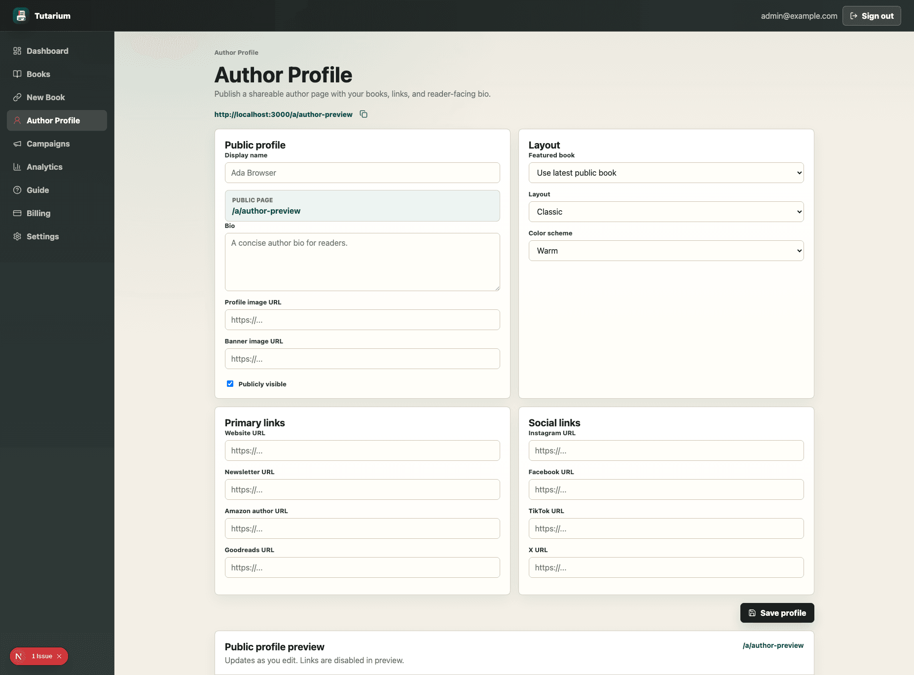 Tutarium author profile editor with public URL, profile fields, layout options, and public profile preview.