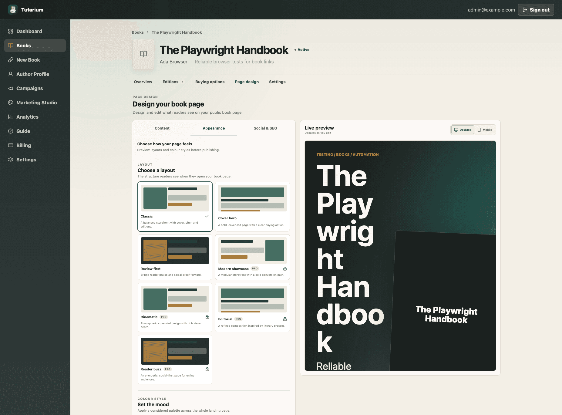 Tutarium Appearance editor showing visual layout choices, colour palettes, and a live public book page preview.