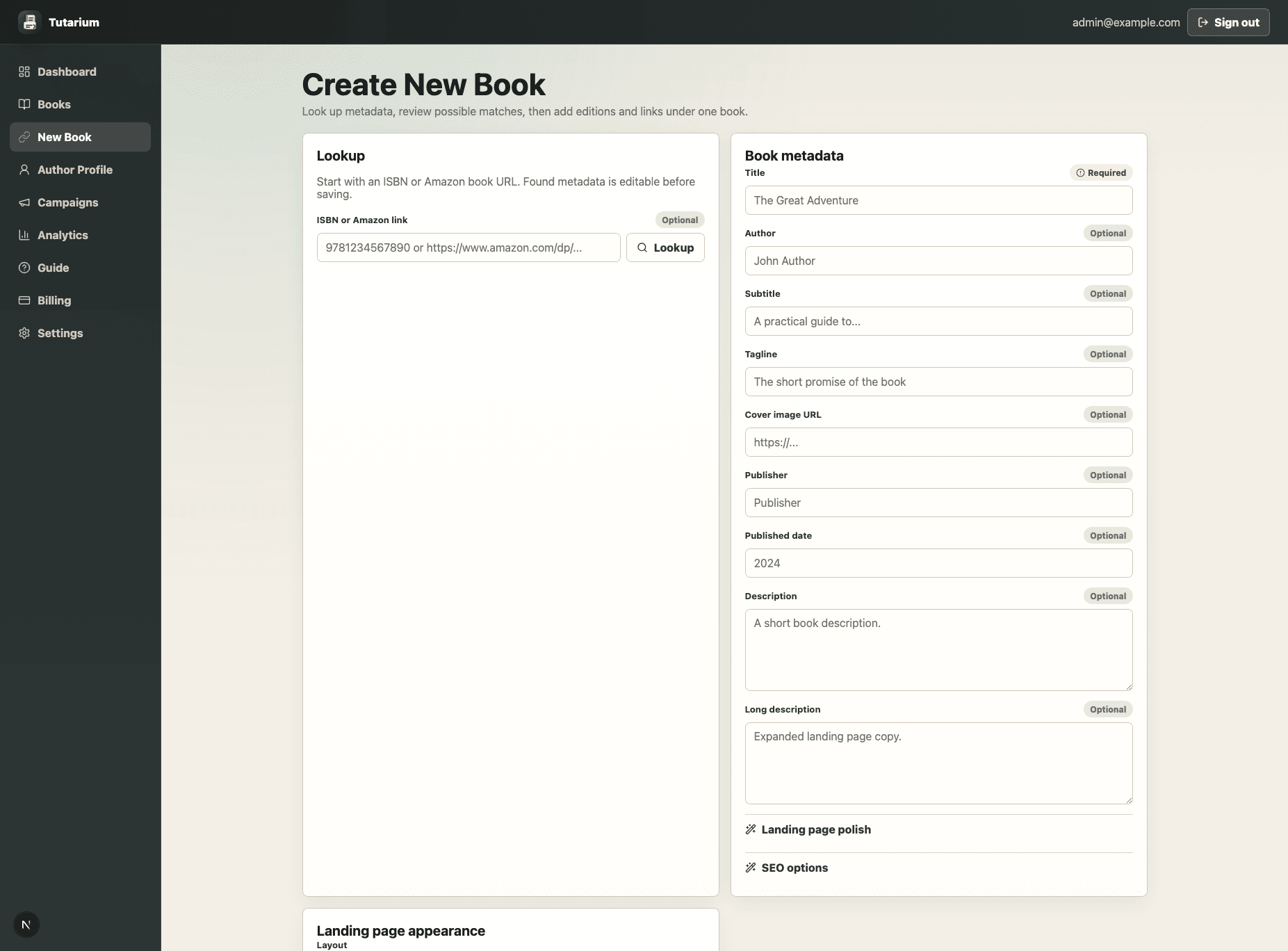 Tutarium new book form with lookup, book metadata, appearance controls, and landing page preview.