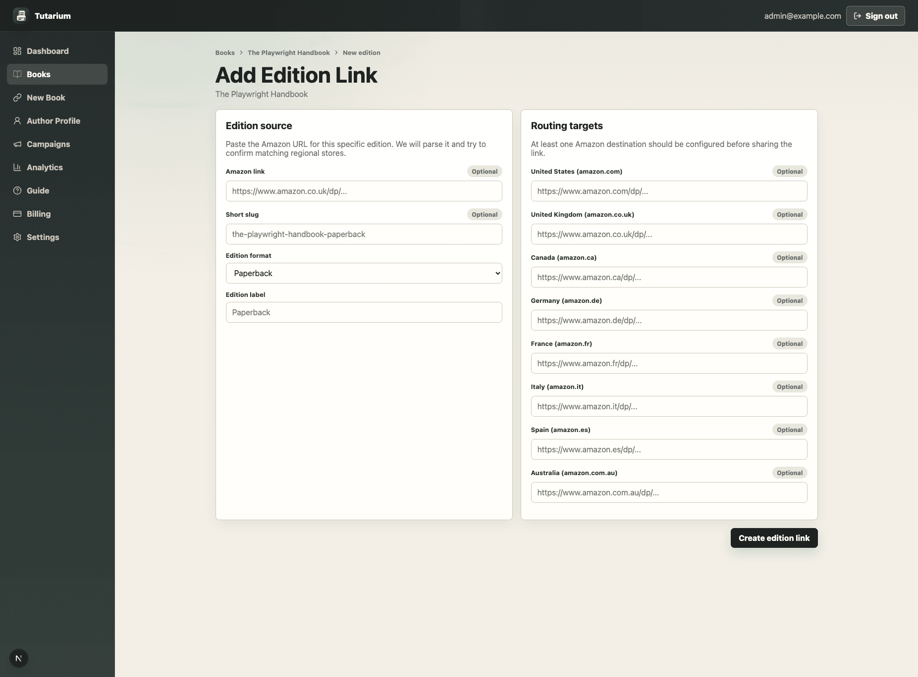 Tutarium edition form with Amazon source parsing, edition format, slug, and regional routing targets.