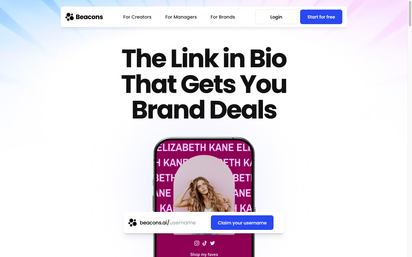 Beacons homepage showing a creator-focused link-in-bio platform with a profile preview and username claim form.