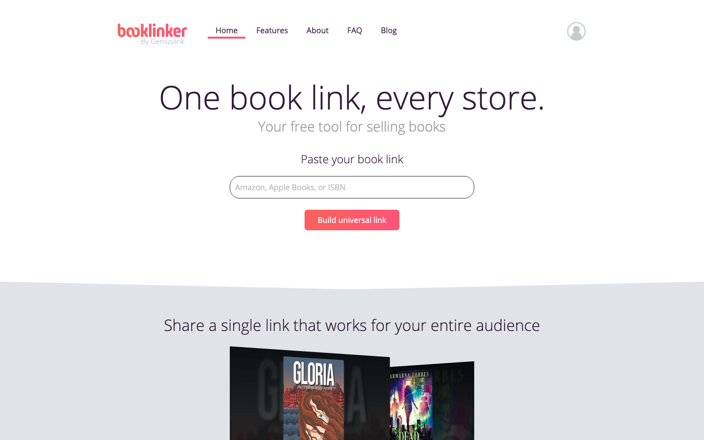 BookLinker homepage showing a simple universal book link builder for sharing one book link across stores.