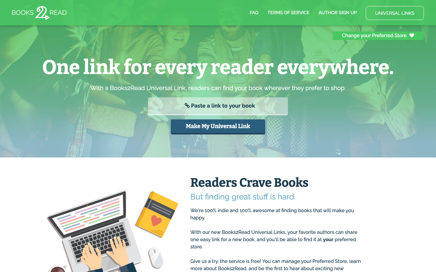 Books2Read homepage showing a universal book link builder and reader-focused book discovery messaging.