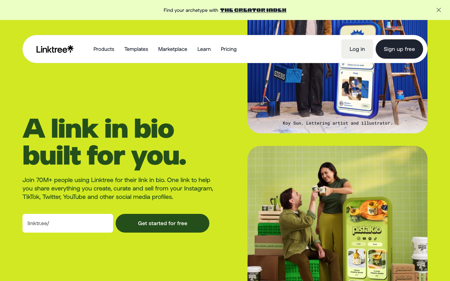 Linktree homepage showing a link-in-bio page builder for collecting social, store, and profile links.