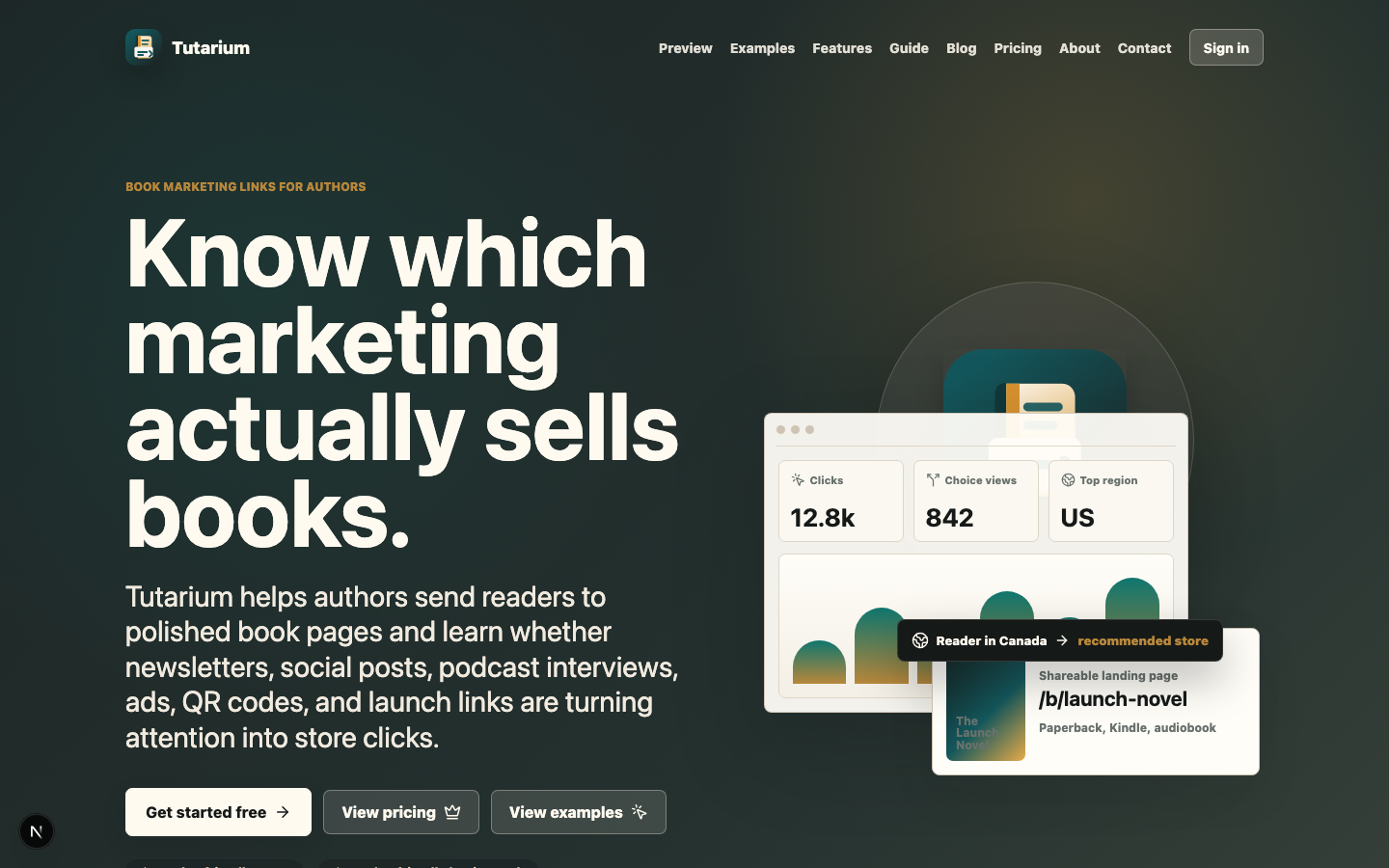 Tutarium homepage showing book marketing links, analytics, regional routing, and a shareable book landing page preview.