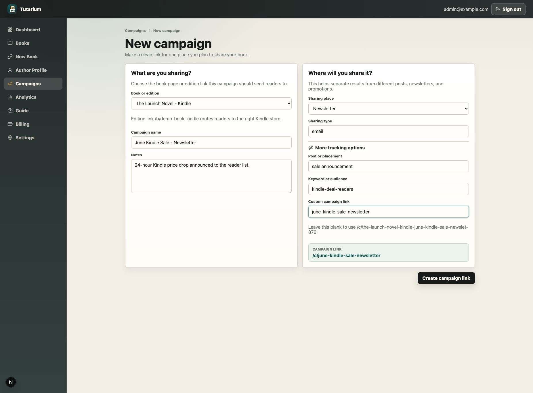 Tutarium campaign form for creating a clean Kindle sale campaign link with a book target, sharing source, and campaign URL preview.